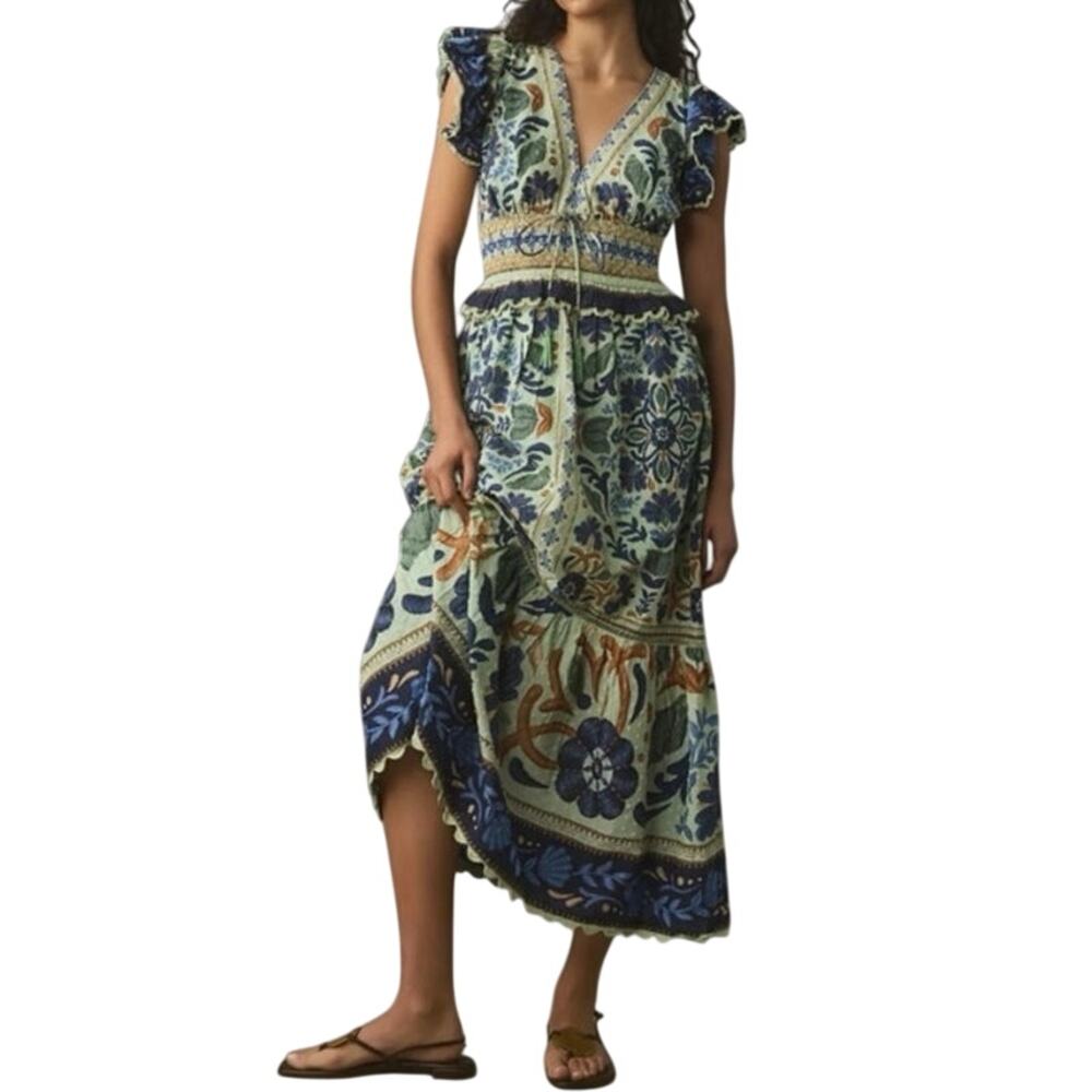 FARM RIO Ocean Tapestry Suzani Cotton Midi-Dress  Ruffles Romantic Smocked Sz S